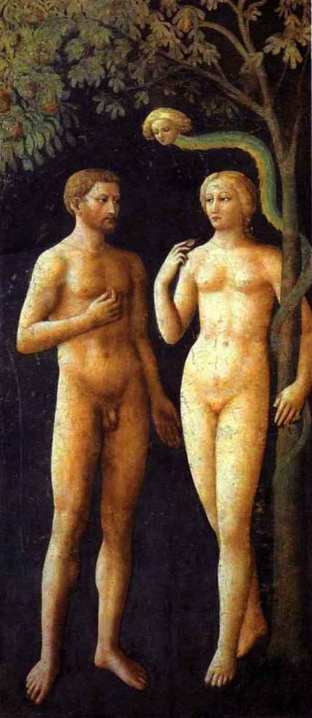 墮落前在伊甸園中的亞當和夏娃，與戀人的塔羅牌有一些相似之處。Masolino da Panicale繪畫，1425年。