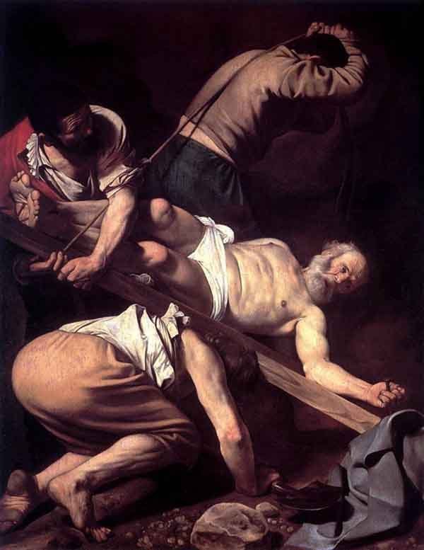 彼得被釘十字架。根據傳說，門徒倒要被釘死在十字架上，覺得不值得像耶穌那樣死。卡拉瓦喬繪畫，1601年。