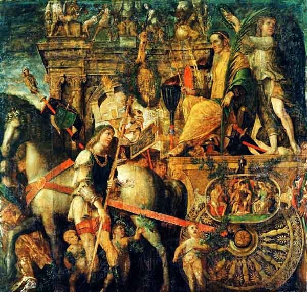 朱利葉斯·凱撒（Julius Caesar）的戰車上洋溢著冷酷的表情。1492年安德烈·曼特尼亞（Andrea Mantegna）的繪畫。