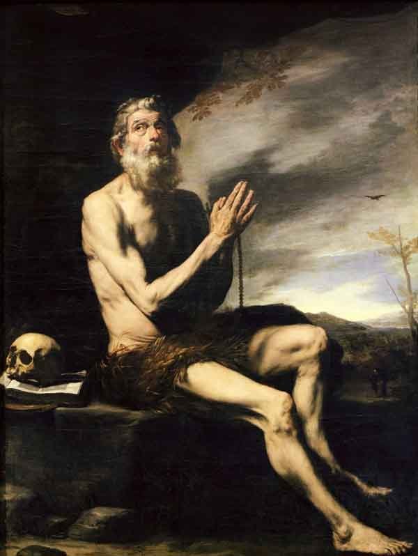 隱士聖保羅。根據生活在約旦河之間的傳說，底比斯的保羅是第一個基督徒隱士。228和c。341歲，使他去世時享年113歲，是其中90人的隱士。朱塞佩·德·里貝拉（Jusepe de Ribera）的繪畫，十七世紀。