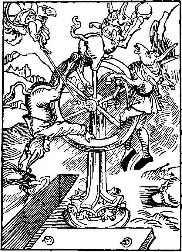 圖出自AlbrechtDürer，摘自1494年塞巴斯蒂安·布蘭特（Sebastian Brant）的《愚人船》（Ship of Fools）一書。儘管愚蠢的命運之輪，當愚人要求操縱這艘船時，萬事萬物。命運之輪的概念已經存在於古希臘和羅馬。根據羅馬神話，福爾圖納女神在開車。她不是傻瓜
