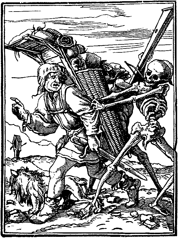 死神抓小販。漢斯·霍爾拜因（Hans Holbein）的《死亡之舞》插圖，1526年。將死神描繪成骨骼始於15世紀，並很快成為規範。那時的藝術家創作了許多這樣的照片，基本的信息是沒有人能逃脫死亡。