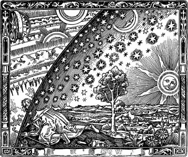穹頂邊緣的旅行者，中世紀星空的概念是覆蓋地球的圓頂。人們常常錯誤地認為插圖是文藝復興起源的，但是它來自卡米爾·弗拉馬里昂（Camille Flammarion）於1888年出版的《大氣：流行氣象學》。